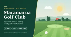 Illustrated banner for Maramarua Golf Club showing a flat country fairway leading to a putting green with a red flag, poplar trees and hills under a warm sky, beside the text 'A practical guide to playing country golf near Auckland'.