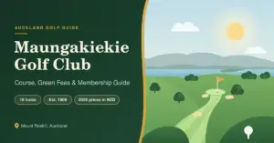 Illustrated featured image for the Maungakiekie Golf Club guide, showing a parkland fairway winding up a green valley to a flagged green, with Manukau Harbour and the Waitakere Ranges in the distance, beside the title and key facts: 18 holes, established 1909, 2026 prices in NZD.
