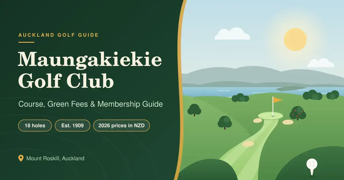 Illustrated featured image for the Maungakiekie Golf Club guide, showing a parkland fairway winding up a green valley to a flagged green, with Manukau Harbour and the Waitakere Ranges in the distance, beside the title and key facts: 18 holes, established 1909, 2026 prices in NZD.
