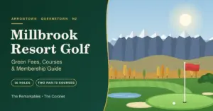 Illustrated golf scene with a putting green, red flag and golden autumn poplars in front of snow-capped Remarkables-style peaks, beside the title "Millbrook Resort Golf: Green Fees, Courses & Membership Guide".