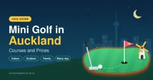 Illustrated mini golf putting green at night with a putter, golf ball, red flag and windmill in front of an Auckland city skyline, beside the headline "Mini Golf in Auckland: Courses and Prices".