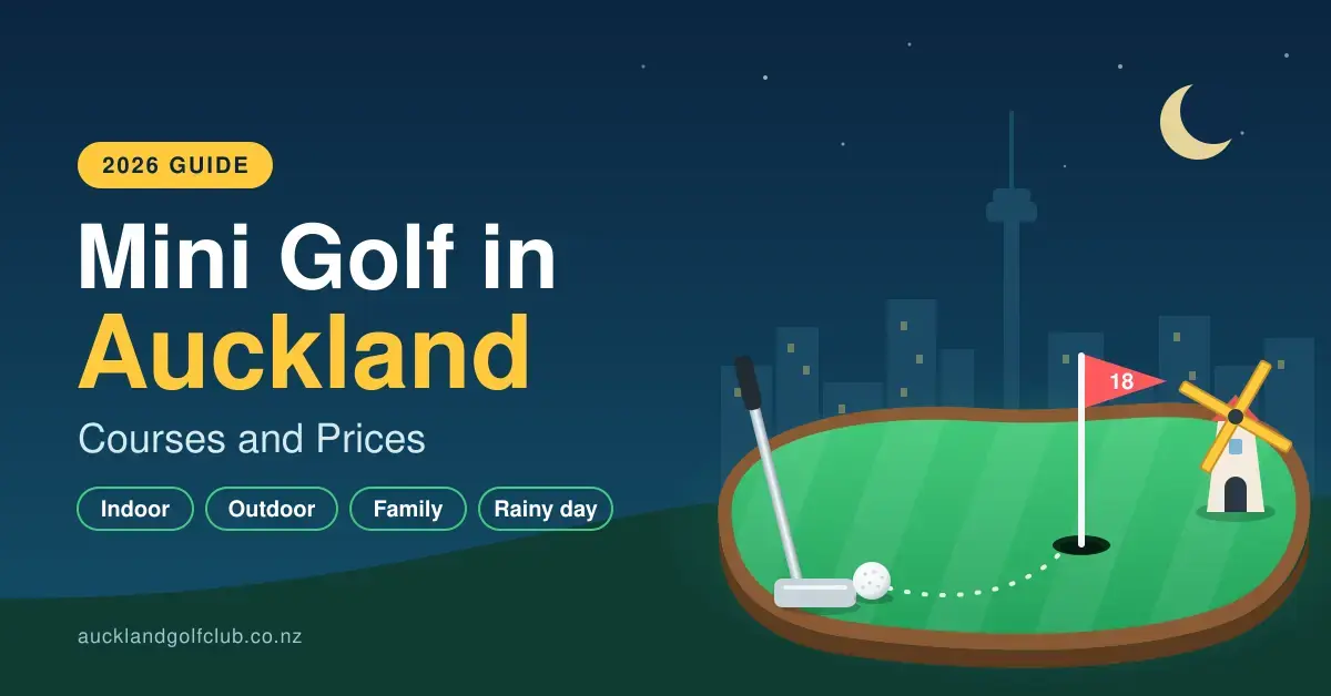 Illustrated mini golf putting green at night with a putter, golf ball, red flag and windmill in front of an Auckland city skyline, beside the headline "Mini Golf in Auckland: Courses and Prices".