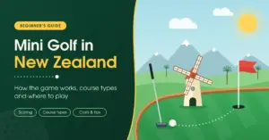 Illustrated mini golf hole with a putter, golf ball, windmill obstacle and red flag set against green hills and snow-capped mountains, beside the title "Mini Golf in New Zealand: How the game works, course types and where to play".