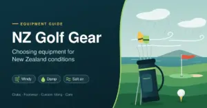 Illustrated featured image for an NZ golf gear guide, showing a golf bag with covered clubs, a ball on a tee and a wind-blown flag on a coastal course under light drizzle, beside the title "NZ Golf Gear", the subtitle "Choosing equipment for New Zealand conditions" and labels for windy, damp and salt-air conditions.
