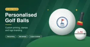 Illustration of a white golf ball pad-printed with a custom flag logo beside a smaller ball stamped with red initials and an alignment line, next to a handheld golf ball stamp on a green fairway, with the heading "Personalised Golf Balls".