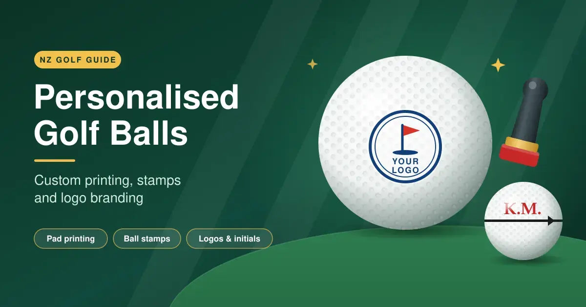 Illustration of a white golf ball pad-printed with a custom flag logo beside a smaller ball stamped with red initials and an alignment line, next to a handheld golf ball stamp on a green fairway, with the heading "Personalised Golf Balls".