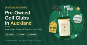 Illustrated banner for a guide to buying pre-owned golf clubs in Auckland, showing a golf bag of used clubs with a “Condition 9/10” grade tag, a magnifying glass checking the grooves on a club face and the Auckland skyline beside the headline “Pre-Owned Golf Clubs in Auckland”.