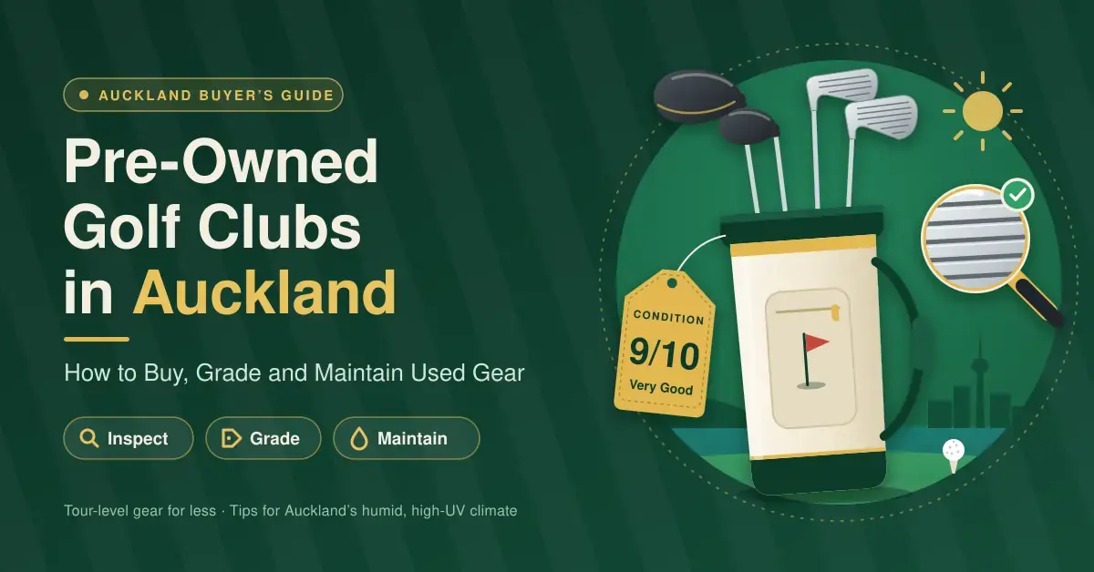 Illustrated banner for a guide to buying pre-owned golf clubs in Auckland, showing a golf bag of used clubs with a “Condition 9/10” grade tag, a magnifying glass checking the grooves on a club face and the Auckland skyline beside the headline “Pre-Owned Golf Clubs in Auckland”.