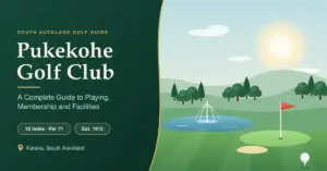 Illustrated banner for a guide to Pukekohe Golf Club in Karaka, South Auckland, showing a parkland golf course with a lake fountain, tree-lined hills and a red flag on the green beside the text “18 holes · Par 71” and “Est. 1912”.