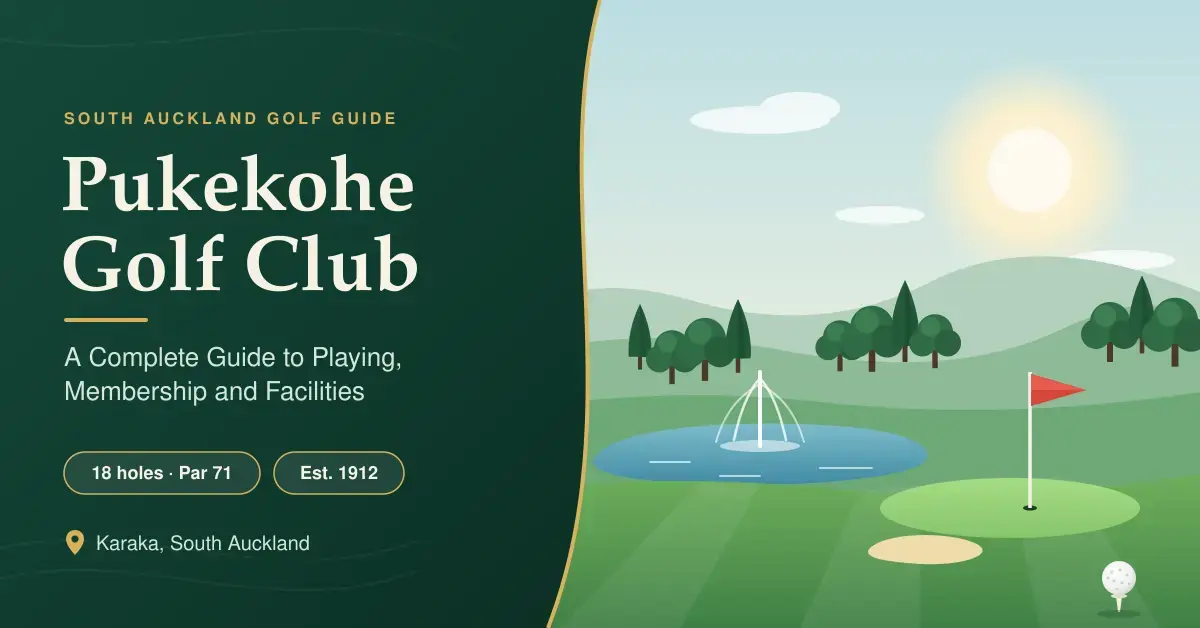 Illustrated banner for a guide to Pukekohe Golf Club in Karaka, South Auckland, showing a parkland golf course with a lake fountain, tree-lined hills and a red flag on the green beside the text “18 holes · Par 71” and “Est. 1912”.