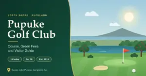 Illustrated banner for Pupuke Golf Club showing a tree-lined fairway and putting green with a red flag beside Lake Pupuke, with a volcanic island across the Hauraki Gulf and text reading “Pupuke Golf Club: Course, Green Fees and Visitor Guide”.