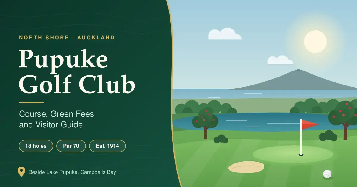 Illustrated banner for Pupuke Golf Club showing a tree-lined fairway and putting green with a red flag beside Lake Pupuke, with a volcanic island across the Hauraki Gulf and text reading “Pupuke Golf Club: Course, Green Fees and Visitor Guide”.