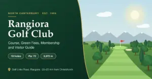 Illustrated featured image for the Rangiora Golf Club guide, showing a tree-lined parkland fairway leading to a green with a red flag beneath distant snow-capped Canterbury mountains, alongside the text 18 holes, Par 72, 5,972 m and 20–25 min from Christchurch.