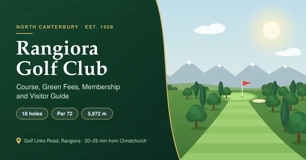 Illustrated featured image for the Rangiora Golf Club guide, showing a tree-lined parkland fairway leading to a green with a red flag beneath distant snow-capped Canterbury mountains, alongside the text 18 holes, Par 72, 5,972 m and 20–25 min from Christchurch.