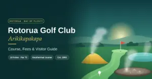 Illustrated header for the Rotorua Golf Club (Arikikapakapa) visitor guide, showing a fairway winding to a flagged green past a sulphur mound, a bubbling mud pool, a warm lake and rising geothermal steam.