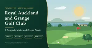 Illustrated featured image for a Royal Auckland and Grange Golf Club visitor and course guide, showing a parkland fairway, a putting green with a red flag and a modern clubhouse beside the Tamaki Estuary.