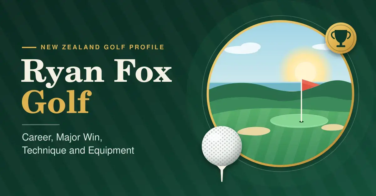 Illustrated featured graphic for a New Zealand golf profile of Ryan Fox, showing the title text beside a seaside links green with a red flag, a golf ball on a tee and a gold trophy badge on a deep green background.