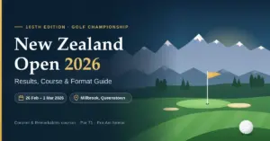 Illustrated featured graphic for the 2026 New Zealand Open golf guide, showing snow-capped alpine peaks above a golf green with a gold flag, bunkers and a golf ball, alongside the title, event dates of 26 February to 1 March 2026 and the Millbrook, Queenstown venue.
