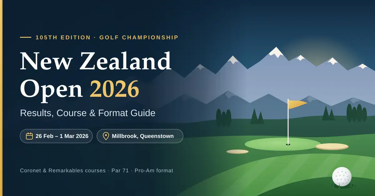 Illustrated featured graphic for the 2026 New Zealand Open golf guide, showing snow-capped alpine peaks above a golf green with a gold flag, bunkers and a golf ball, alongside the title, event dates of 26 February to 1 March 2026 and the Millbrook, Queenstown venue.