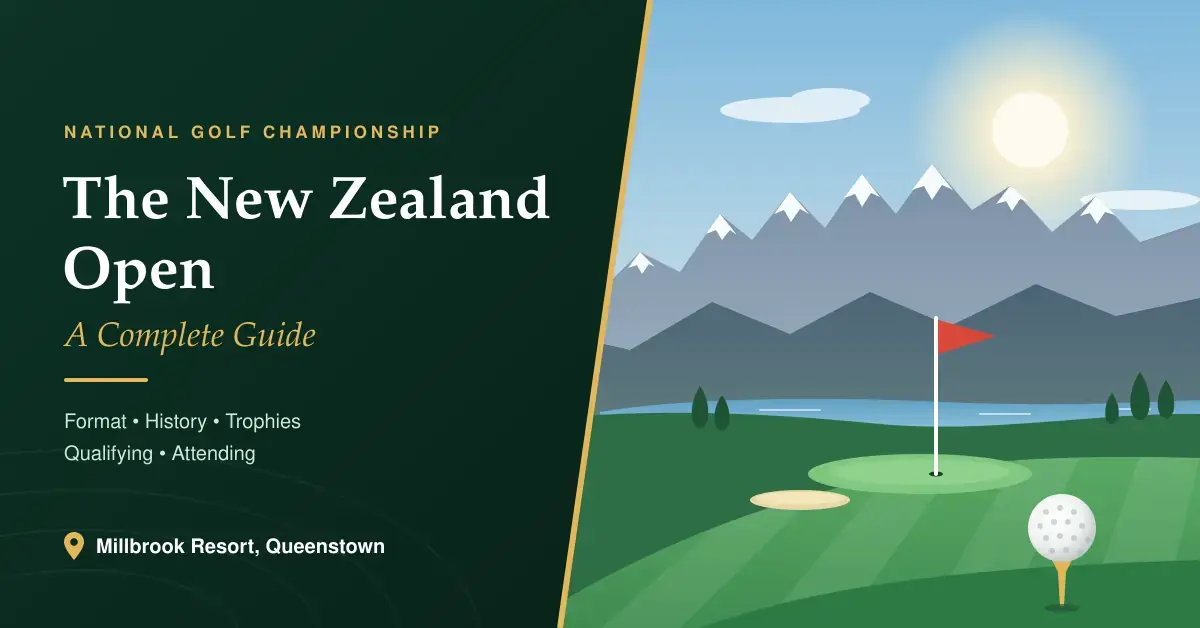 Illustrated featured image for The New Zealand Open: A Complete Guide, showing a golf ball on a tee and a red flag on a putting green, with a lake and snow-capped Queenstown mountains behind it, next to a dark green panel with the guide's title.