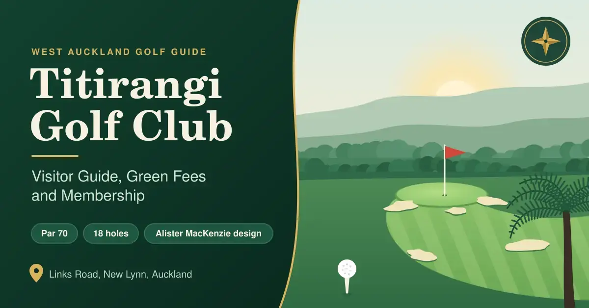 Illustrated banner for Titirangi Golf Club showing a flagged green framed by sand bunkers, native bush and a tree fern beneath the west Auckland ranges, beside the title "Visitor Guide, Green Fees and Membership".