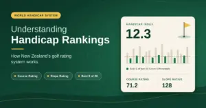 Featured graphic for a guide to New Zealand golf handicap rankings, showing the title on a deep green background beside a card with a sample Handicap Index of 12.3, a bar chart highlighting the best 8 of the last 20 Score Differentials, and example Course Rating and Slope Rating figures.