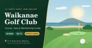 Illustrated featured image for a Waikanae Golf Club guide, showing a coastal golf green with a flag, bunker and golf ball beside the sea and an island on the horizon, next to the title "Waikanae Golf Club: Course, Fees & Membership Guide" with 18 holes, par 71 and 2026/27 season details.