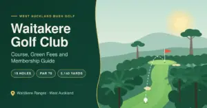Illustrated banner for Waitakere Golf Club showing a fairway climbing through native bush, tree ferns and kauri to a raised green, beside the guide title and course facts: 18 holes, par 70 and 5,140 yards in the Waitākere Ranges, West Auckland.