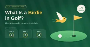 Illustration explaining a birdie in golf, with a golf ball on a putting green near the flag, a small yellow bird in flight, a "−1 under par" badge and scorecard examples showing birdie scores of 2 on a par 3, 3 on a par 4 and 4 on a par 5.