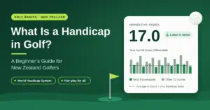 Green golf-themed graphic titled “What Is a Handicap in Golf? A Beginner’s Guide for New Zealand Golfers”, showing a sample Handicap Index card of 17.0 with a bar chart that highlights the best 8 of a golfer’s last 20 Score Differentials.